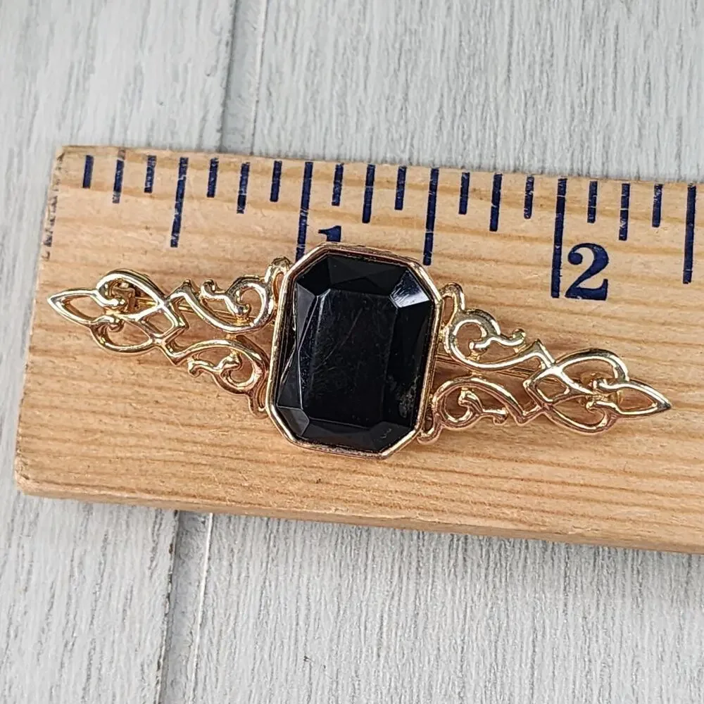 Vintage Park Lane Bar Brooch Signed 2” Gold Tone Black Faux Stone Pin Jewelry